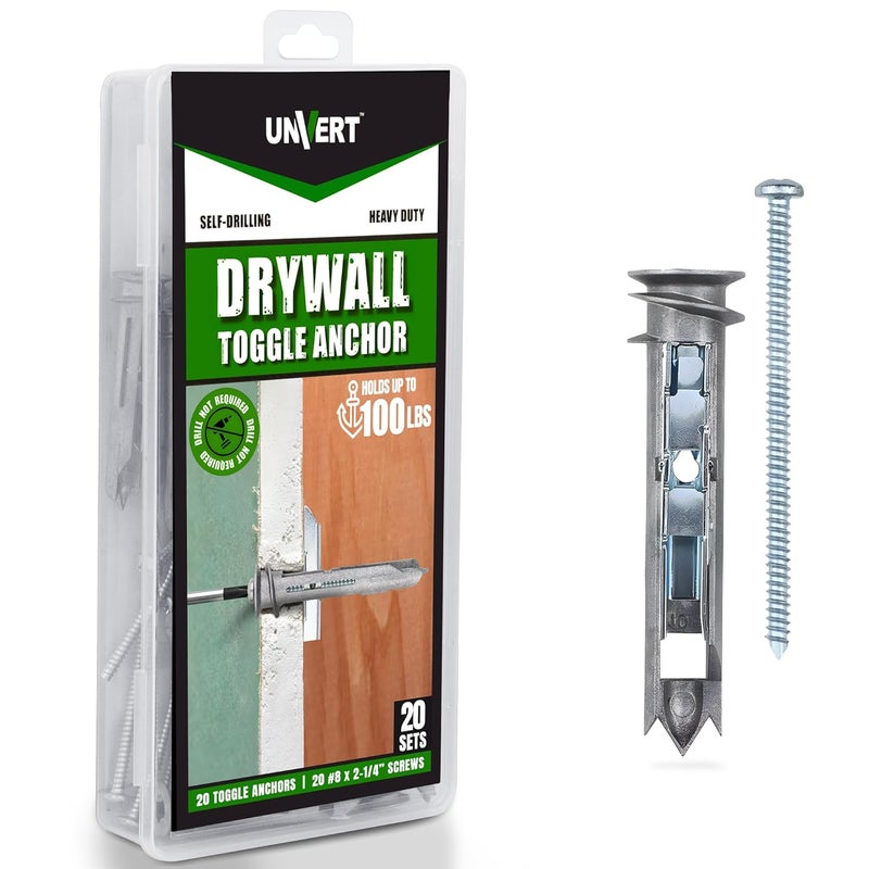 UNVERT Heavy Duty Drywall Anchors - Self Drilling Ez Drywall Toggle Anchor Kit, #8 Anchor with Screws - Easy Wall Anchors for Hanging and Mounting - Holds Up to 100 Lb. (20 Pack) - Image 1